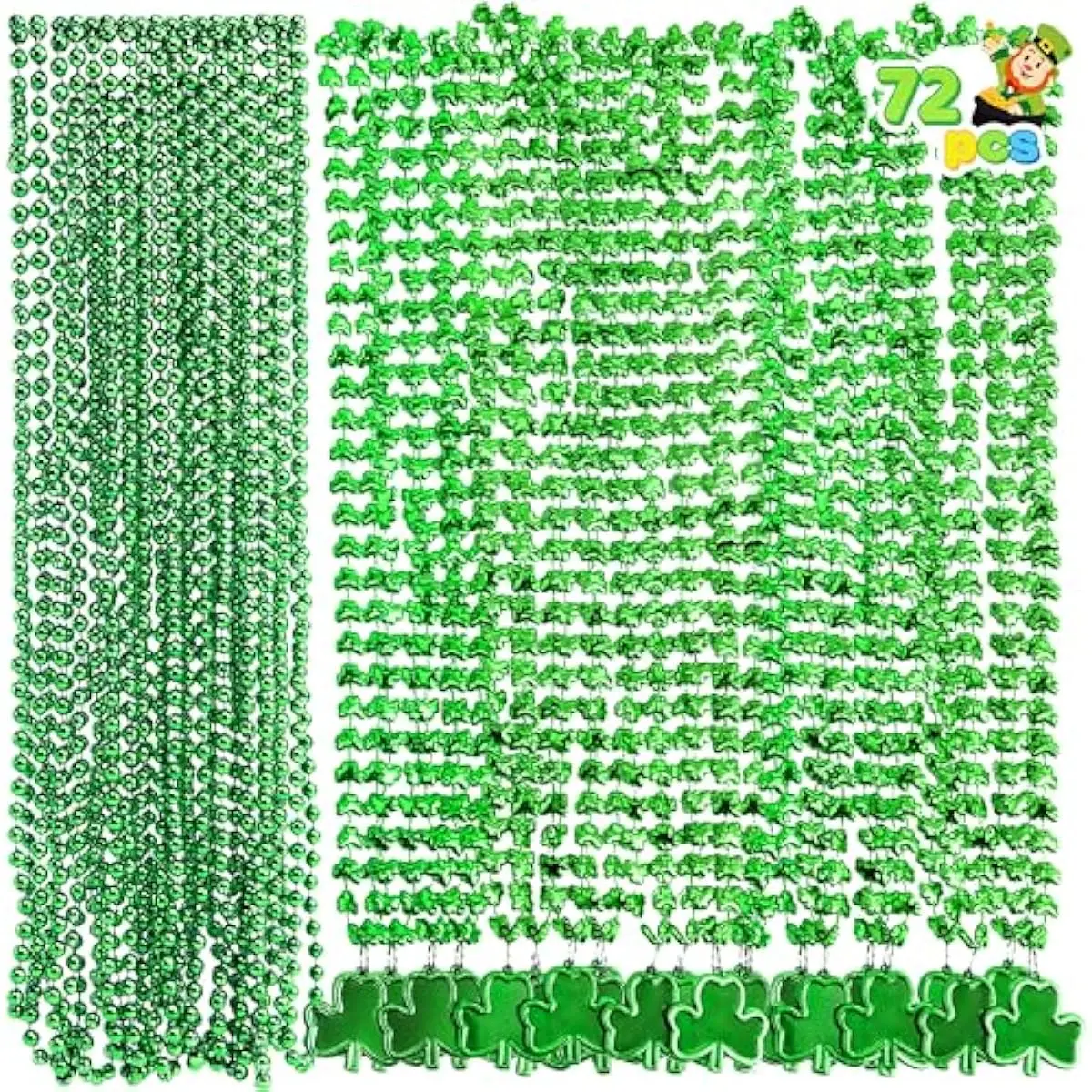 St. Patricks Day Necklaces Set (72 Pcs), 36 Green Bead Necklaces & 36 Green Shamrock Bead Necklaces with Pendant, St Patrick Accessory Set for Dressing Up, Irish Carnival Party Favor Supply