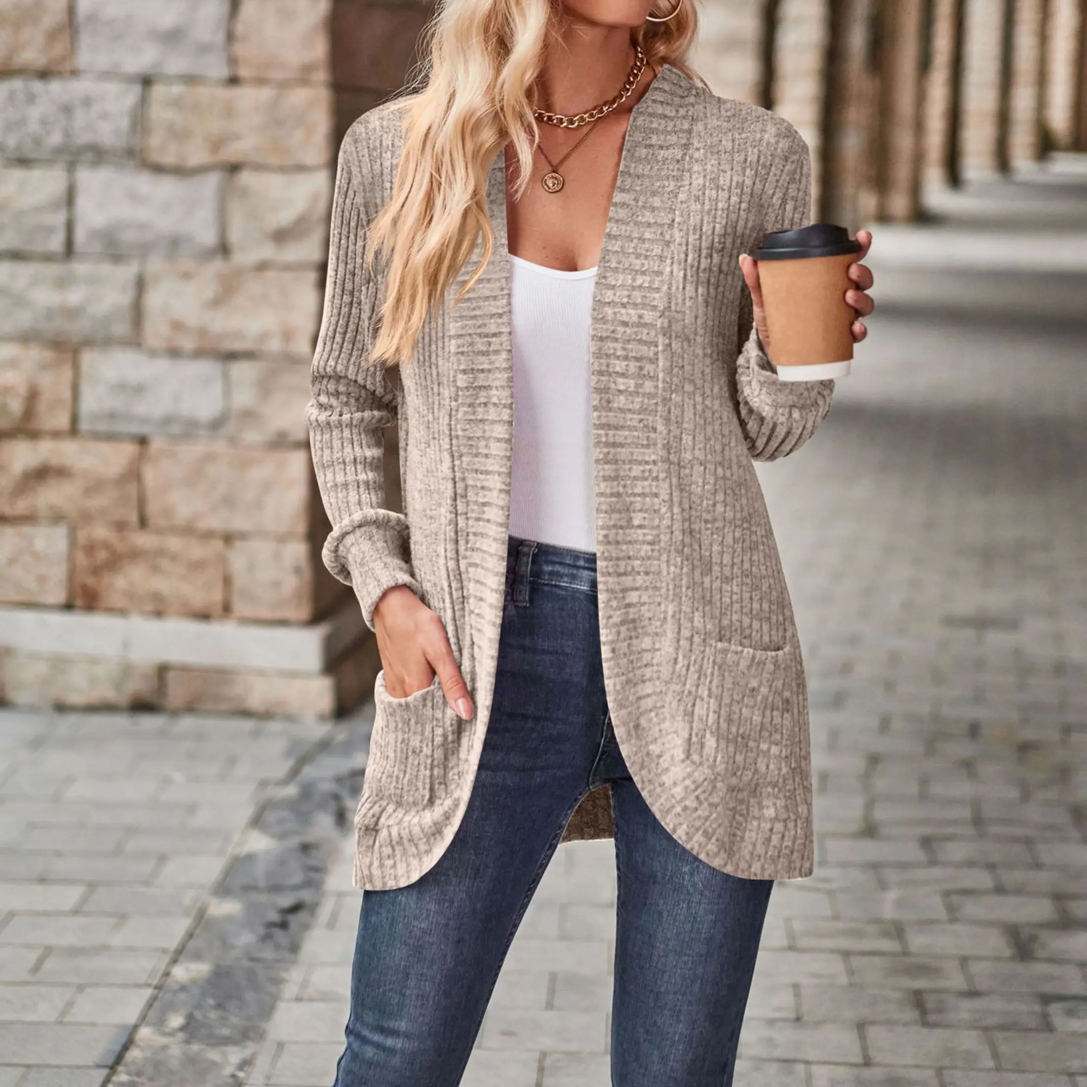 Women's Long Striped Sleeve Open Front Knit Cardigan Sweater Curved Placket Large Pocket Sweater Winter Beige Summer Vibes