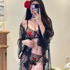 Sexy lace underwear set with cute letter embroidery, ultra-thin see-through high-end underwear