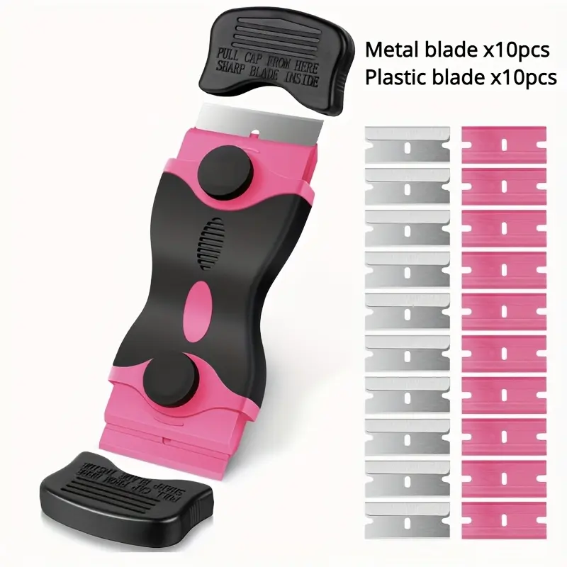 Pink razor scraper tool, including 20 razor blades, glass cleaning razor scraper, glass stove oven door scraper, female razor scraper gift, 2-in-1 scraper tool set, used for removing window labels (2 packs of blades)