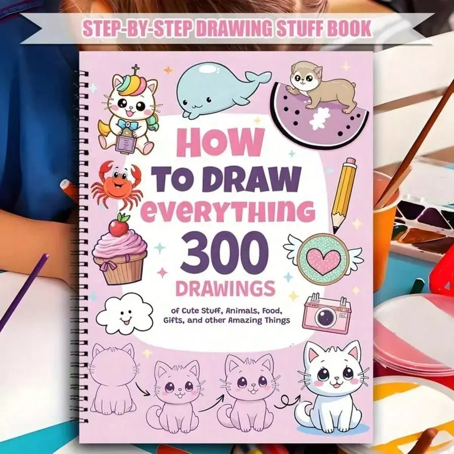How To Draw Anything For Painting Lovers, 300 Cute Step-By-Step Simple Patterns: Animals, Food, Gifts And Other Wonderful Things, Dole Tools For All Ages, Creative Fun Patterns, Pink Cover
