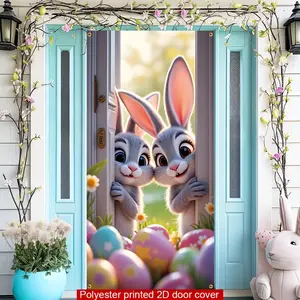 Door Banner A Welcome Banner for Easter Featuring a Theme of Two Bunnies And Colorful Eggs, Door Cover for Home And Kitchen Decoration, Wall And Window Hangings, Party Carnival Decoration Banner, Made of Durable Polyester for Indoor And Outdoor Use.