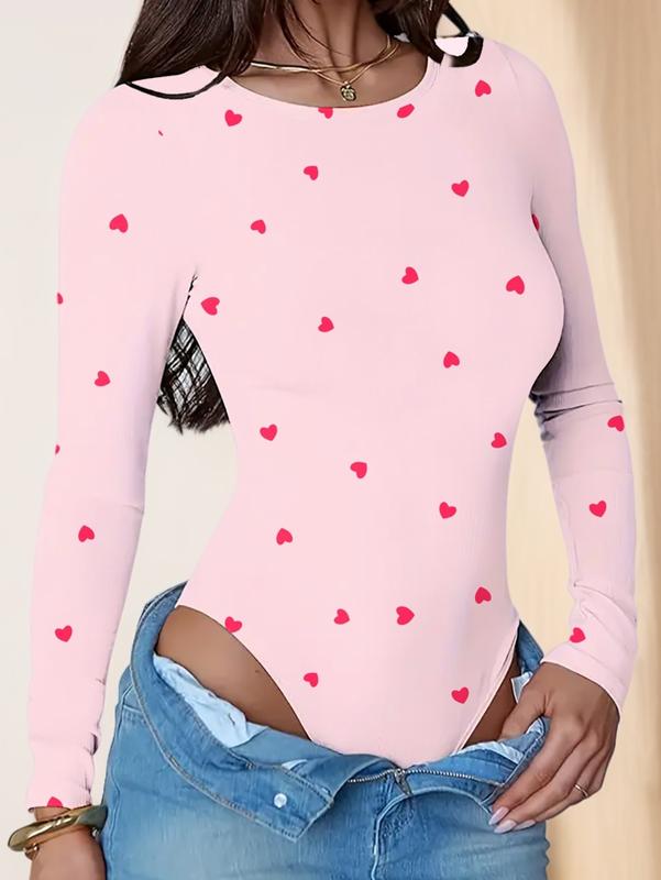 2026 Spring/Autumn New Women's Warm Bodycon Long Sleeve Top, Pink Heart Print Bodysuit with Round Neck, High Elasticity Slim-Fit Jumpsuit - Machine Washable, Suitable for Casual and Formal Occasions, Shaping Base Layer, Daily Wear Valentine's Day