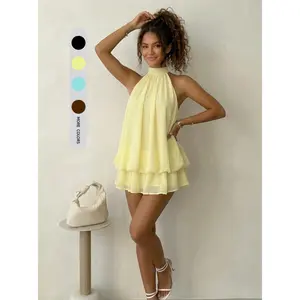 Women's Halter Neck Dress Sleeveless Open Back Drop Waist Ruffle Mini Dress Beach Clubbing Date Dress Skirt Beach Vacation