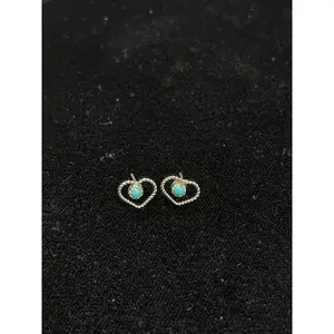 Small Heart Earrings with Turquoise Stone by Sylvia Chee, Navajo