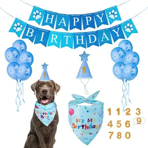 Dog Birthday Party Supplies Set Including Bandana, Birthday Hat with Numbers, Flag, Balloon for Large Medium Small Dogs Pet Blue