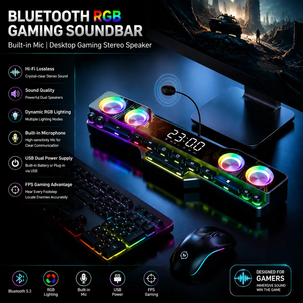 Bluetooth RGB notebook game speaker with microphone, fidelity dynamic, stereo speaker, lossless sound quality, color lighting game,4000mAh battery, listen to footsteps, gunfight game, LOL，Desktop speaker, USB powered speaker, gift tiktoksh，SummerVibes fa