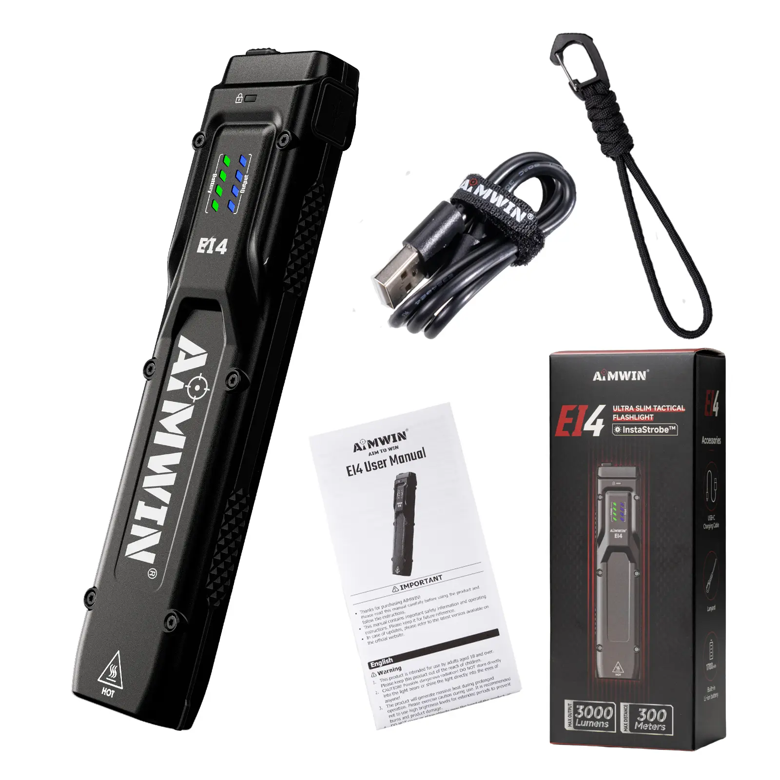 AIMWIN EI4 3000 Lumen Ultra Slim Tactical Light, USB-C Rechargeable EDC Flat Flashlight, Strong Clip, Dual Tail Control, ATR Heat Control, IP54 Water Resist, Lockout Safety, Turbo Strobe, E14 for outdoor, Compact for Backpack Camping, Gifts for Guys Dad