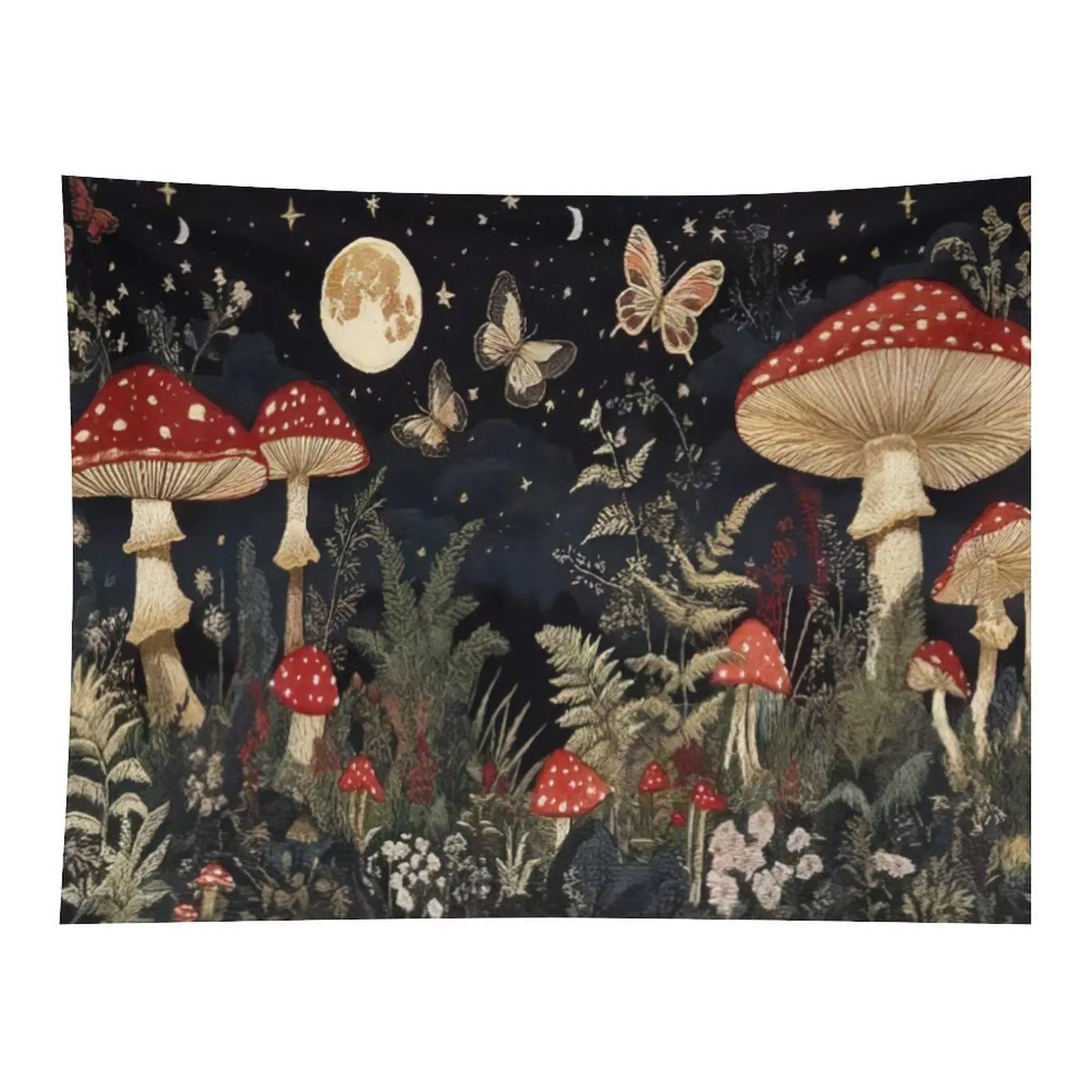 Retro Forest Red Spotted Mushroom Butterfly Full Moon Wild Fern Wall Tapestry Wall Hanging, Dark Cottagecore Botanical Starry Sky Art Decor for Bedroom Farmhouse Dorm Altar Backdrop