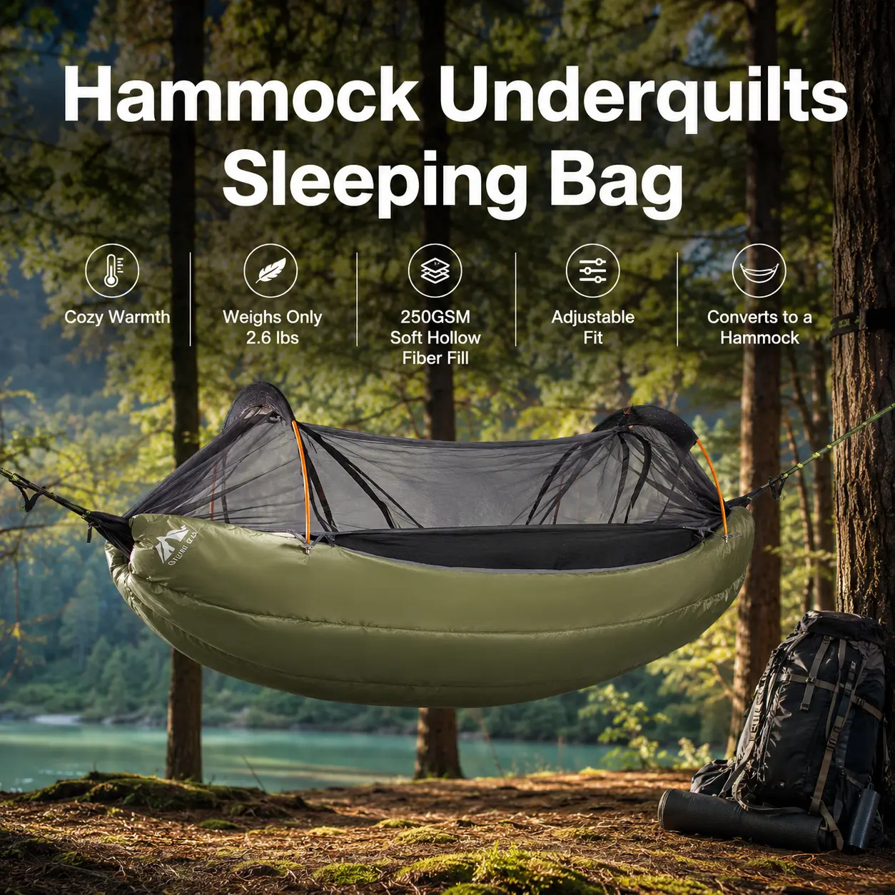 Night Cat 4-Season Hammock Underquilt, Warm Cotton Filled Quilt for Portable Travel Hammock, Lightweight Camping Accessories for Hiking & Backpacking, 8ft x 3.6ft, Warmth