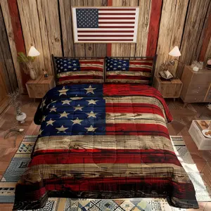 American Flag Comforter Set for Kids Boys,Wooden Planks Painted as USA Flag Patriotic Country Style,Room Decorative Quilt Set