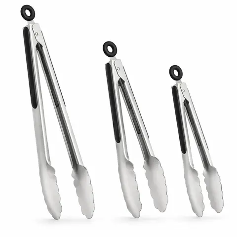 3PC Stainless Steel Kitchen Tongs Set (8", 10.5", 13.5") - Heavy Duty Metal Food Tongs with Locking Mechanism & Non-Slip Grip | Premium Heat Resistant Cooking Utilities for Air Fryer, Outdoor Grilling, BBQ & Salad Serving