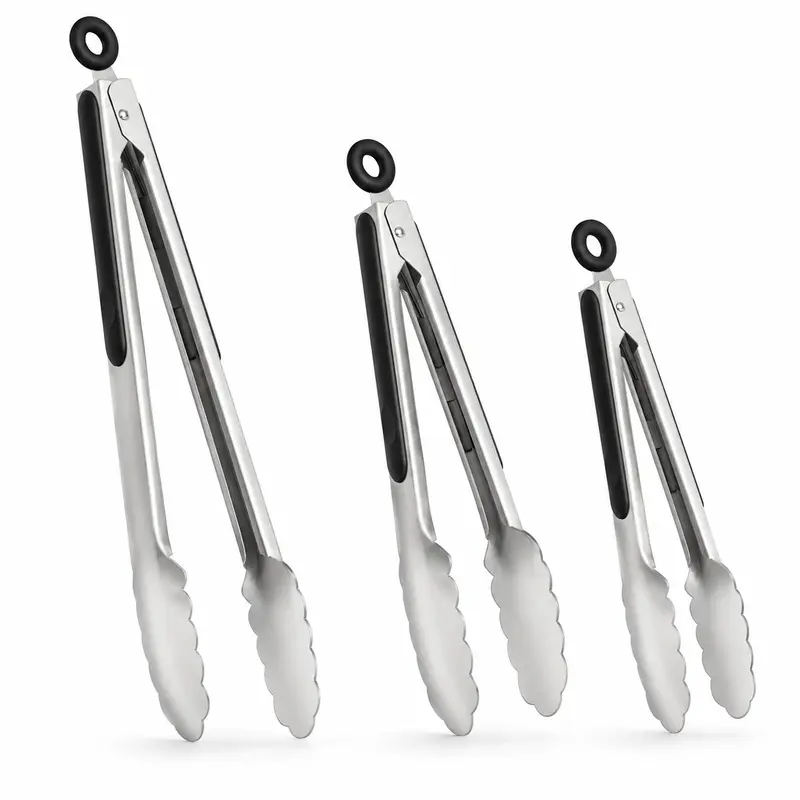 3PC Stainless Steel Kitchen Tongs Set (8", 10.5", 13.5") - Heavy Duty Metal Food Tongs with Locking Mechanism & Non-Slip Grip | Premium Heat Resistant Cooking Utilities for Air Fryer, Outdoor Grilling, BBQ & Salad Serving
