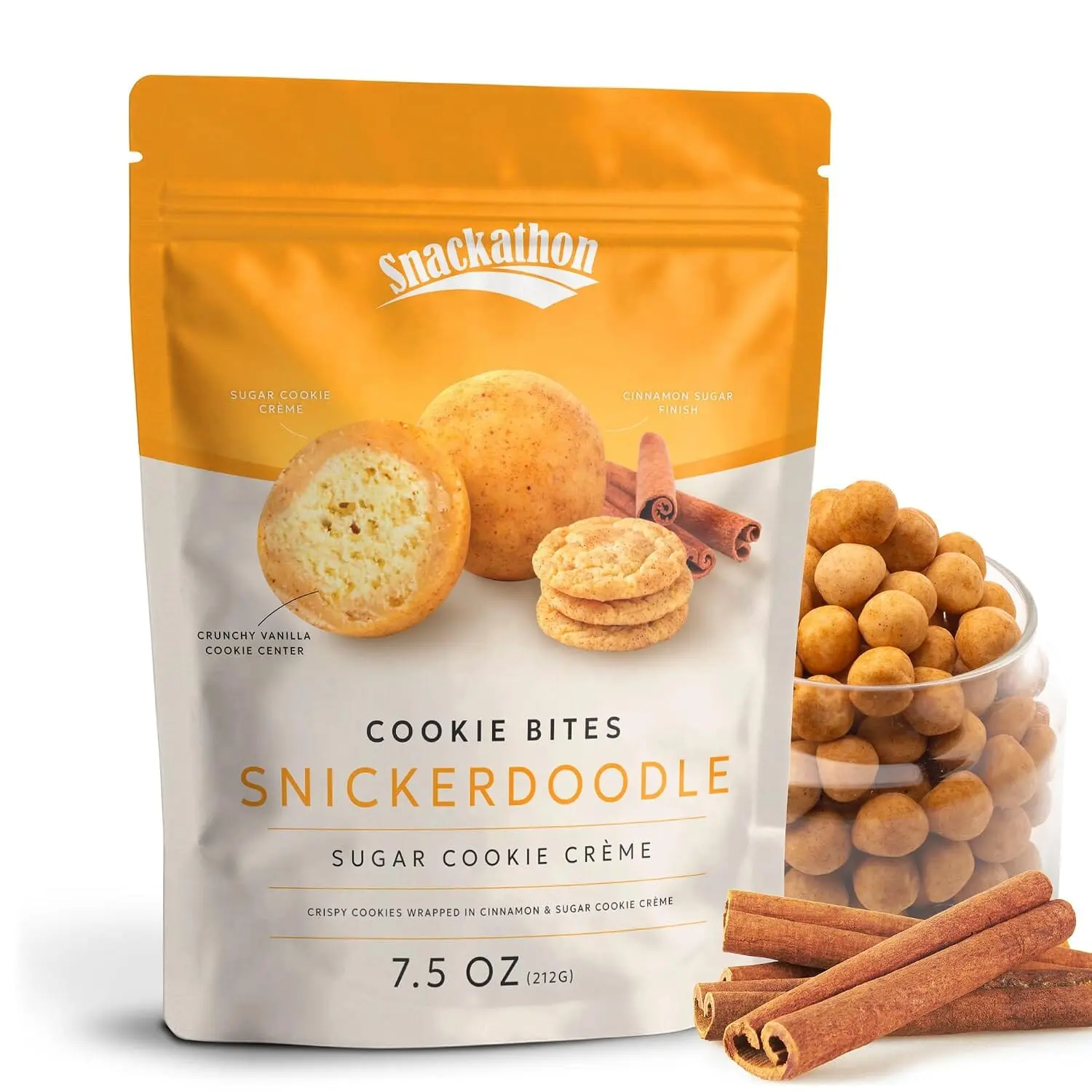 Snackathon Snickerdoodle Cookie Bites, Crispy Mini Cookie Balls, Bulk Resealable Snack Bag, Vanilla Cookies Coated in Sugar Cookie Creme & Cinnamon Sugar, Made in USA, For Gifting & Sharing