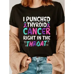 Women's Empowerment Black Cotton T-Shirt, 180g Round Neck Short Sleeve Top with "I Punched Thyroid Cancer Right in the Throat" Bold Statement Print, Inspirational Graphic Tee for Awareness and Support, Comfortable Casual Shirt