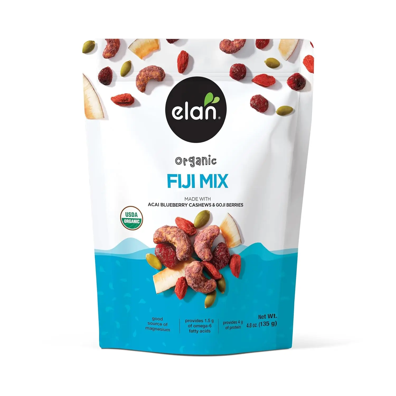 Elan Organic Fiji Mix Dry Fruit & Superfood-Infused Nut Snack, 4.8oz - Blueberry, Goji Berry, Cranberry, Pumpkin Seed, Non-GMO, Gluten-Free, Vegan, Kosher, Natural, Antioxidant-Rich Healthy Snack