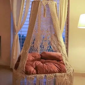 Bohemian Hanging Day Bed with Off White Motifs and Tassels
