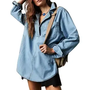 Women Casual Long Sleeve Denim Pullover Top Jean Shirt Turndown V Neck Oversized Denim Shirt Hoodie Sweatshirt