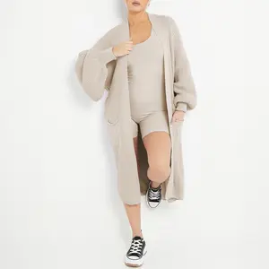Longline Balloon Sleeve Cardigan (Fits US 2-22),Trendy Knitwear,Plain Open-Front Side Pockets Cardigan,Clothes Length 43.5"