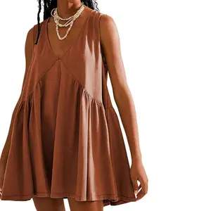 Women's V-Neck Tank Sundress Summer Sleeveless A-Line Mini Dress Casual Loose Dresses with Pockets