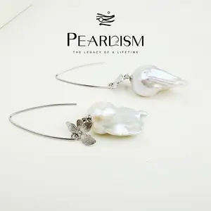 【Adee】PEARLISM Trendy Everyday Large Baroque Pearl Earrings | Silver Butterfly Hypoallergenic-AFBE004