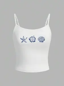 SOLEMN Women's White Casual Sexy Camisole Tank Top Suitable For Summer, With Starfish, Hibiscus, Shell Print,Springbreak,Coconutgirl,Girl Trip,Music Festival Back To School