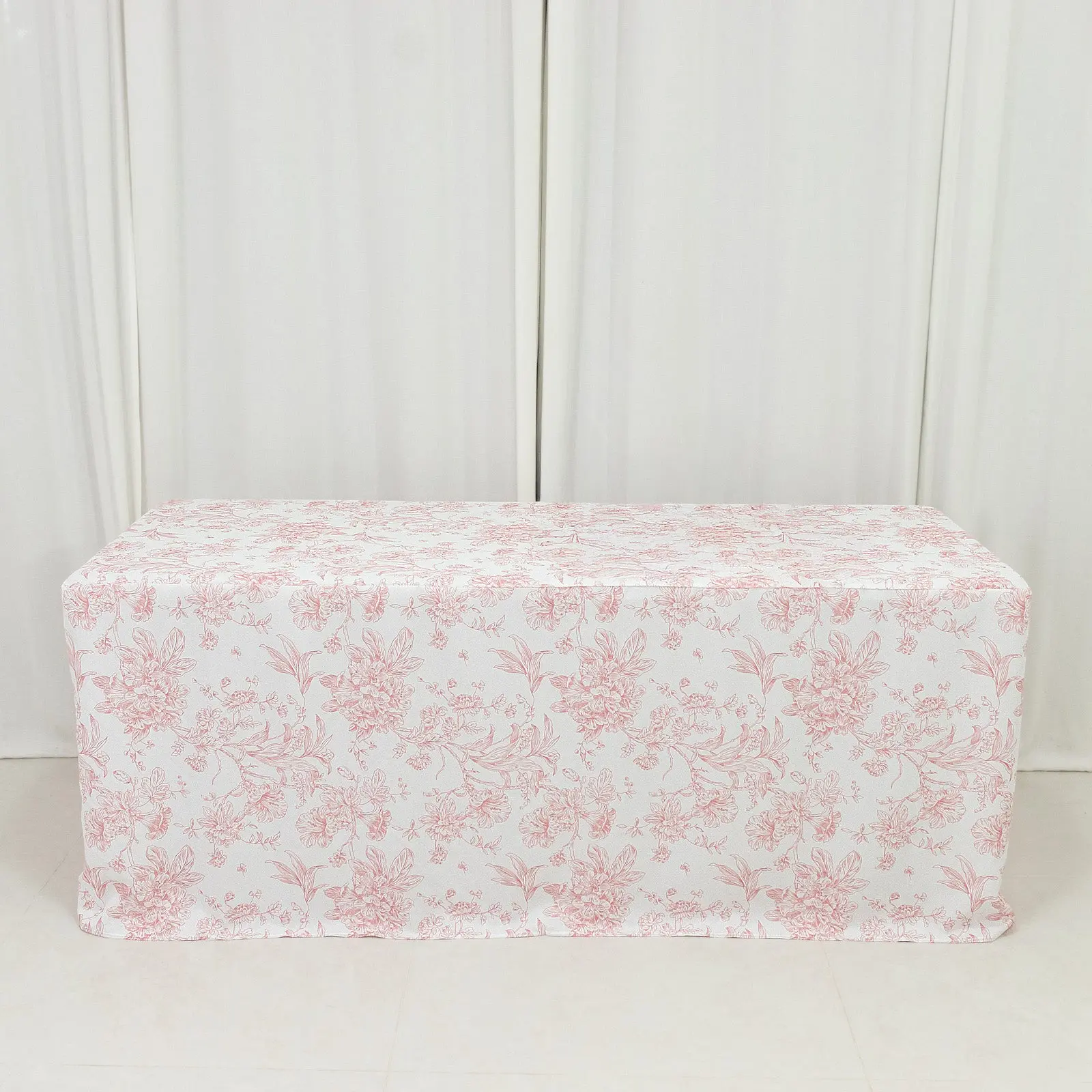 6ft Fitted Polyester Rectangular Tablecloth - Pink & White French Toile, Wrinkle-Resistant, Machine Washable Large Outdoor Tablecloth for Banquet, Wedding, Fitted Rectangle Tablecloth