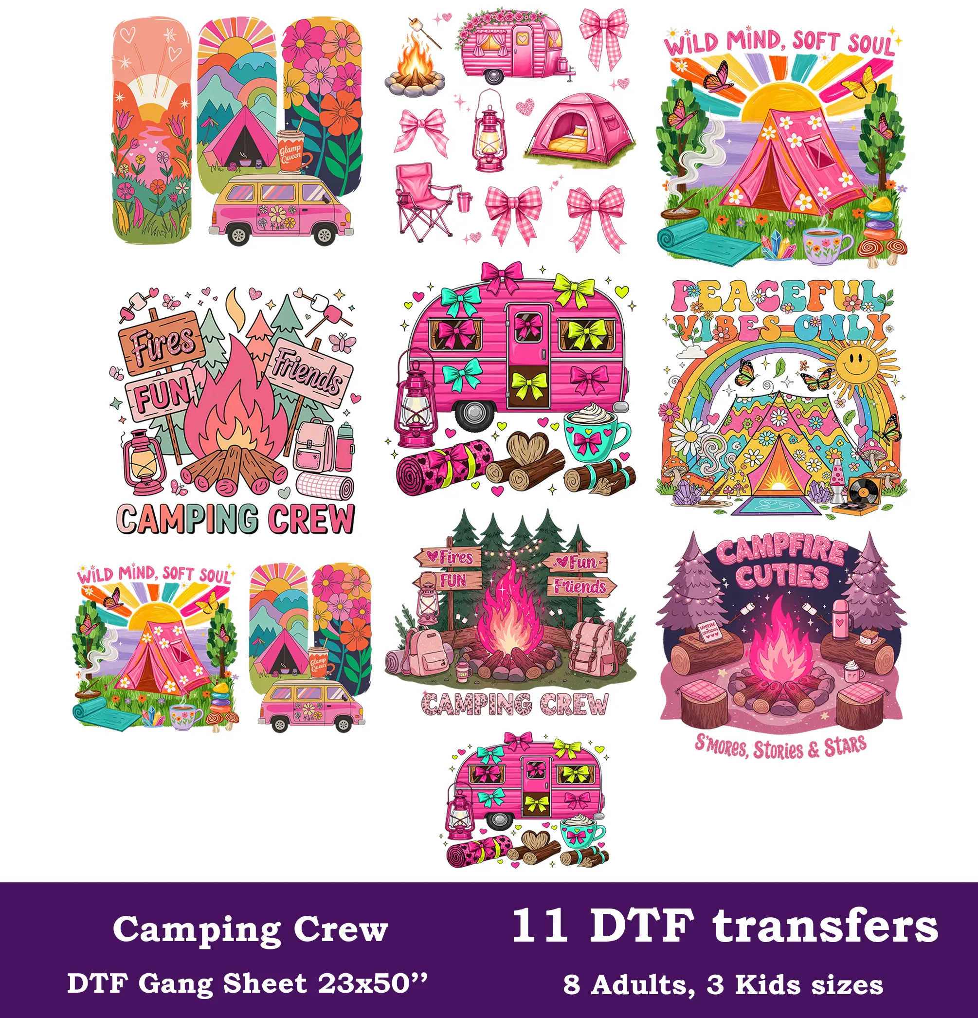 Camping Crew DTF Gang Sheet, 23x50 in. Cute Pink Camp Heat transfers