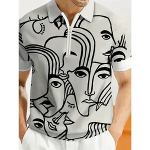 Men's short-sleeve zip-up shirt, black and white face print - solid white collar and chest/back design, full zip front, suitable for both casual and formal occasions, machine washable - modern abstract face pattern (lips/eyes/nose) - suitable for all seas