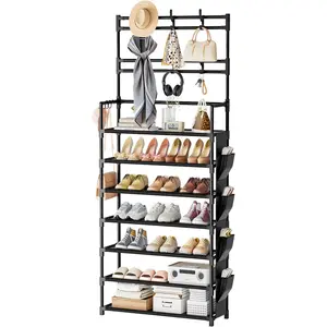 Shoe Rack 7 Tier Shoe Organizer Storage 21-28 Pairs Closet Shoes Rack for Front Door Entrance Shoe Rack Organizer with Hooks Side Pocket Entryway Large Capacity Shoe Shelf Tower Garage