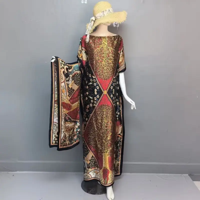 Women's Fashion Print Long Robe Set, Moomoo Dress + Scarf Headband, Casual Woven Fabric, Thin All-Season Wear, Beach Sun Protection tropical vacation