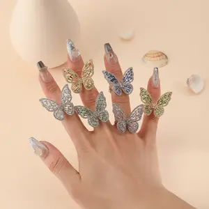 Statement Butterfly Ring with Zirconia Gold Plated Open Band Adjustable Dramatic Jewelry for Women