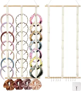 3 PCS Headband Holder Organizer for Girls, Hanging Hairband Storage, White Hairband Display with Wooden Stick, 10 S-Shaped Hooks & Adhesive Hook, Hair Accessories Organizer for Bedroom, College Dorm