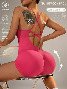 Women's Butt Lifting One Piece Yoga Bodysuit, Seamless Tummy Control Crisscross Backless Workout Jumpsuit for Gym, Fitness, Running