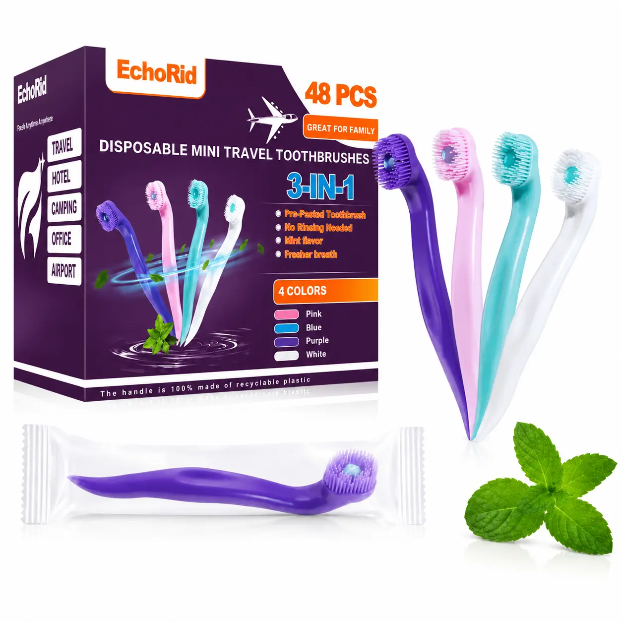 48-Count Disposable Toothbrushes, Individually Wrapped 3-in-1 Pre-Pasted Travel Toothbrushes with Soft Bristles and Built-In Pick, Mint Flavor, Ready to Use