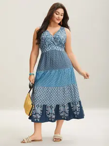 BLOOMCHIC Women's Boho Bandana Patchwork Floral V-Neck Sleeveless Pleated Casual Fit Maxi Dress with Side Pockets Vneck Womenswear Swimweek