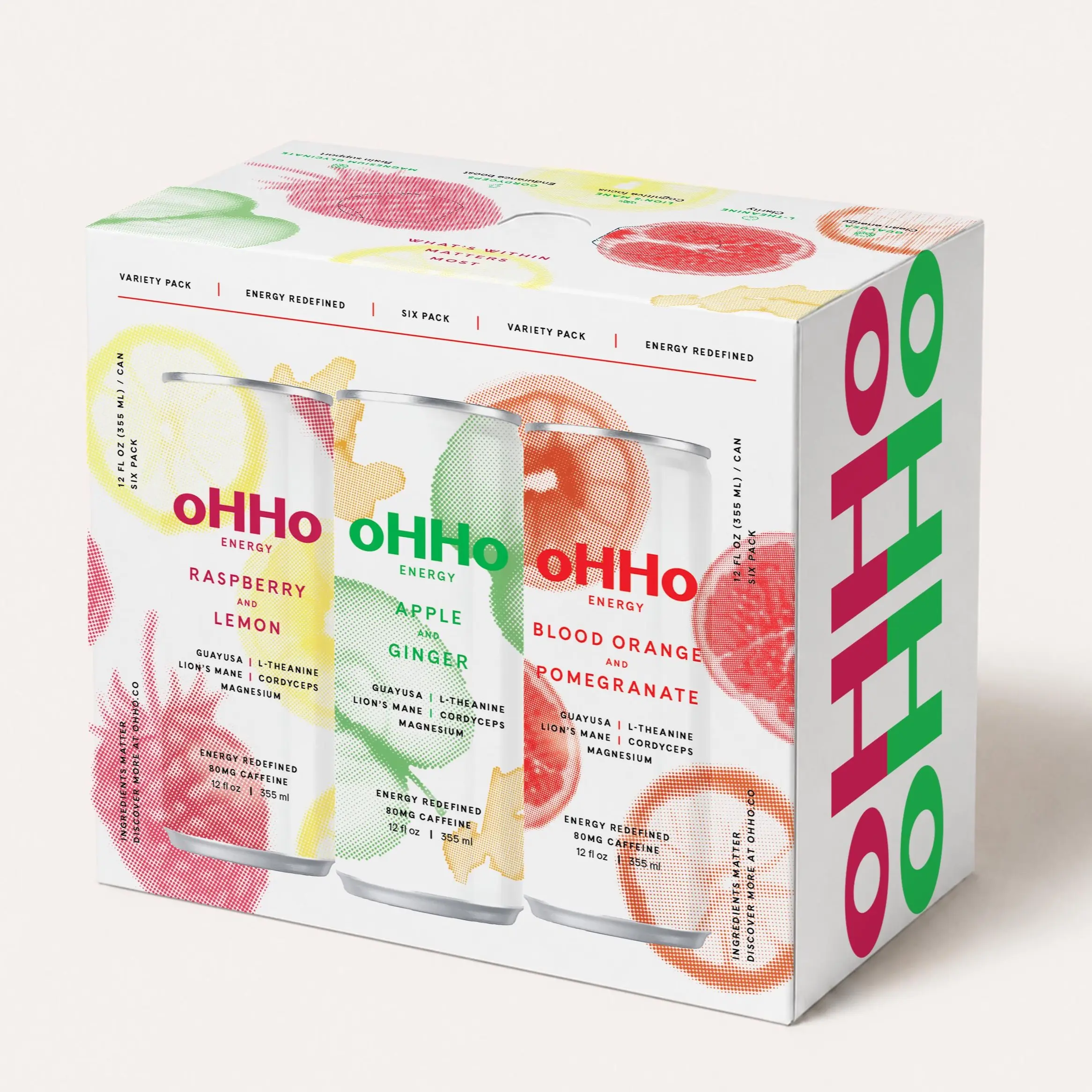 oHHo ENERGY Variety Pack, 6 Cans - Blood Orange & Pomegranate, Apple & Ginger, Raspberry & Lemon, 80mg Caffeine, 12 fl oz
