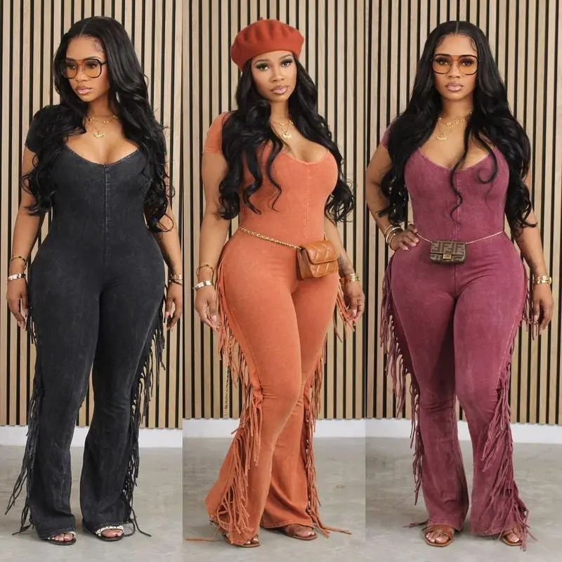 Women's Chic Party Jumpsuit, Solid V-Neck Slim Fit Bodycon with Fringe Tassels & Bell Bottoms in Fashion Stretch Fabric, Flat, Feminine, Basic