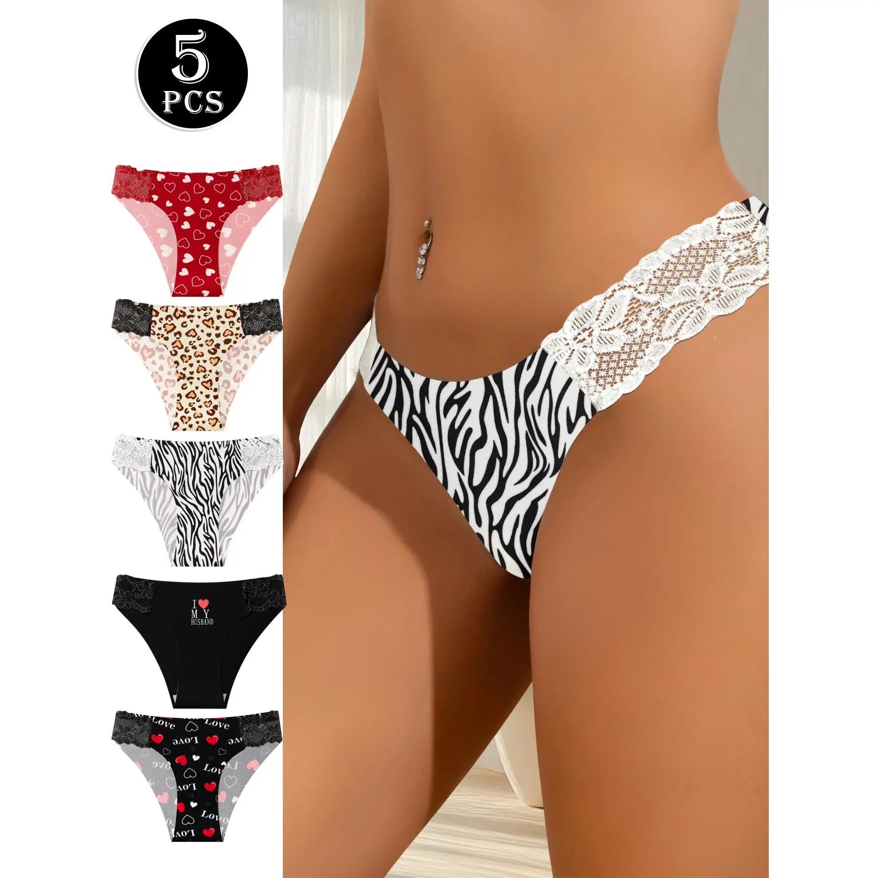 QUASTI 5PCS Skin-friendly Fashion Print Lace Briefs, Lightweight Soft Multi Colored Sweet Basic Fit Somooth No Show Panties, Sexy Bikini Beach Vacation Summer Daily Wear, S-XXL, Mid Waist