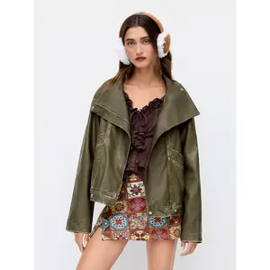 Cider Faux Leather Collar Zip Through Oversized Jacket