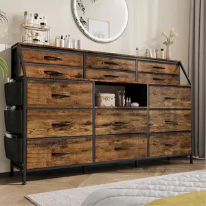 Modern Storage Cabinet with TV Stand Functionality - 14 Foldable Fabric Drawers, Wood Top, Metal Frame, Open Shelves, Anti-Tip Safety, Spacious Chest, Fits 55-Inch TV for Bedroom, Living Room