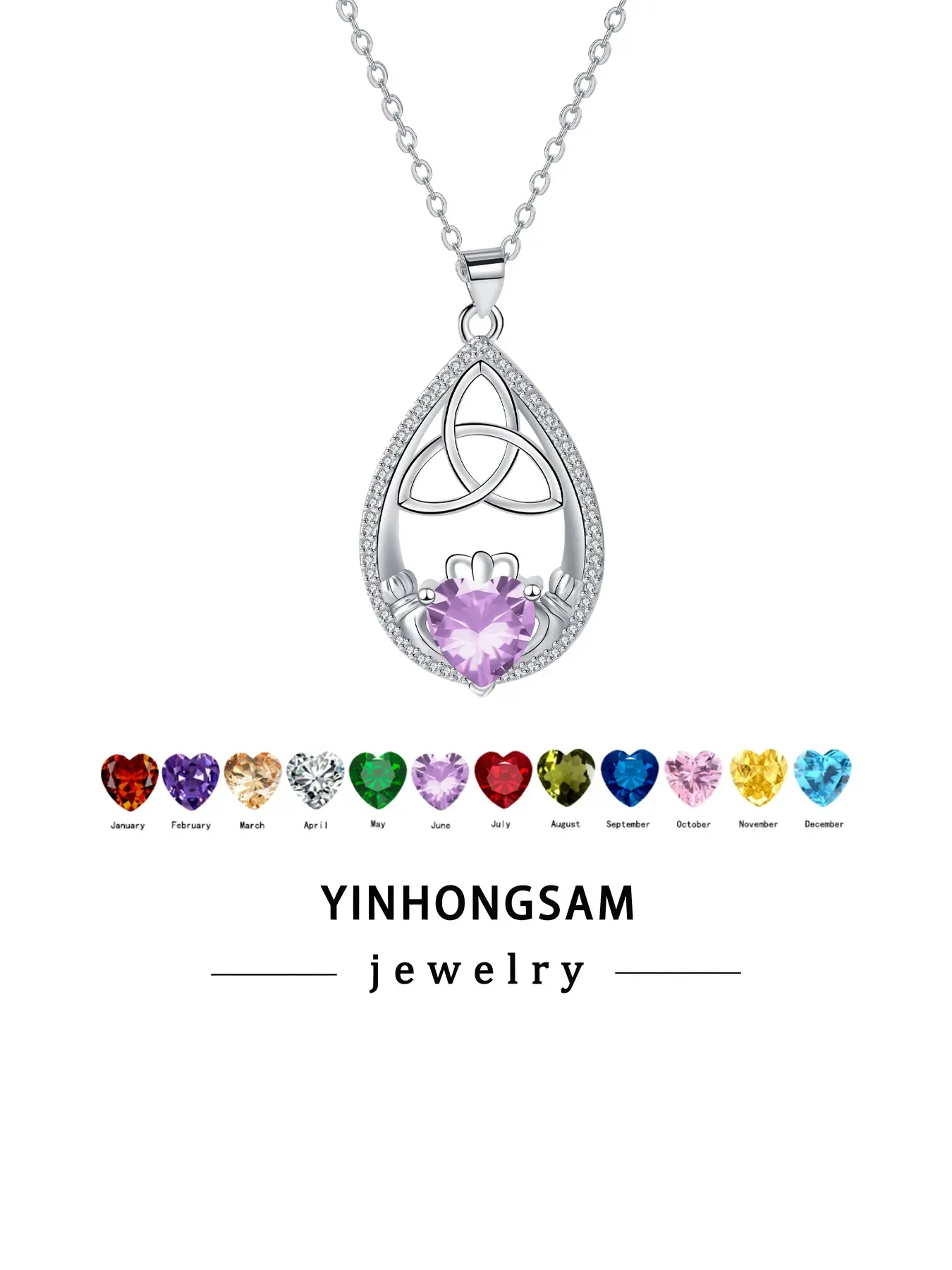 Claddagh Pendant CZ Birthstone Necklace Celtic Knot Necklace for Women, Irish Jewelry Gift for Her