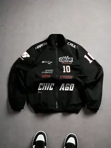 Men's Black Long Sleeve Track Casual Fitted Jacket With Zipper, Edgy Graphic Print, Bold Racing & Speed Logos For Trendy Oversized Street Style Coats Menswear