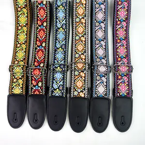 Adjustable Guitar Strap With 3 Picks Jacquard Embroidered Straps with Genuine Metal Buckle for Bass, Electric & Acoustic Guitars Including 3 Thickness Picks