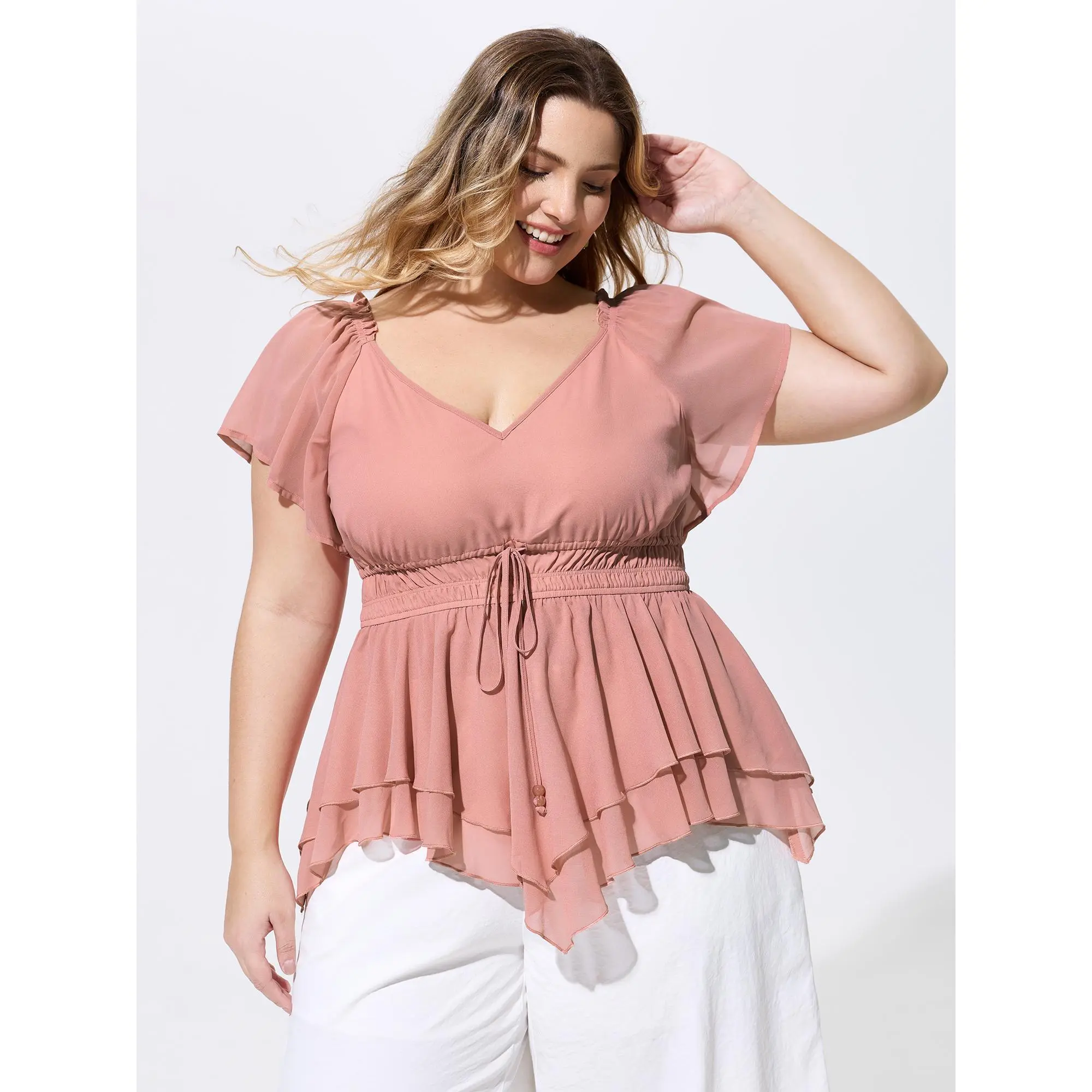 BloomChic Plus Size Pink Boho Blouse for Women, Smooth Polyester Curvy Clothing with a Lace-Up Neck, Ruffles, and Short Sleeve