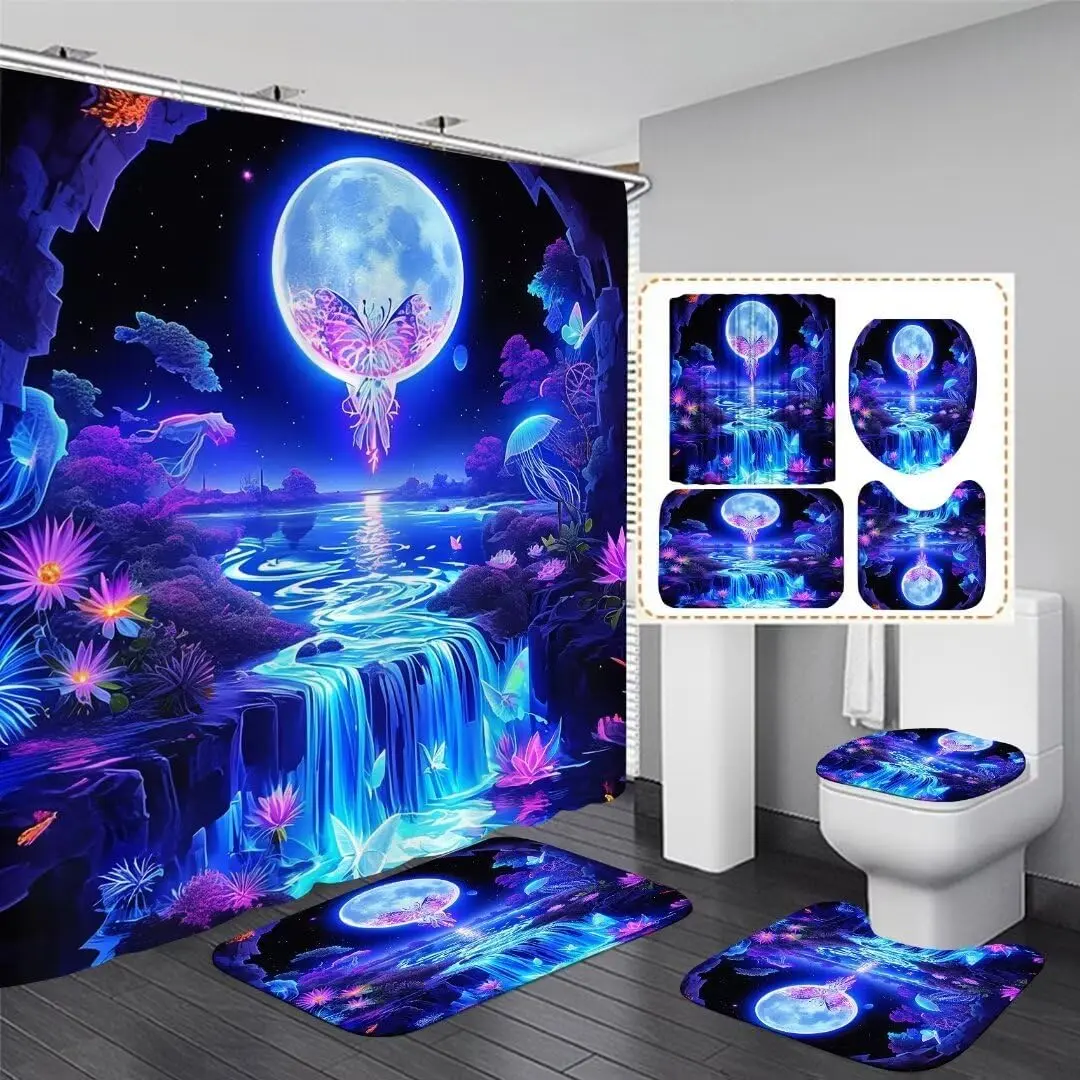 4 count Shiny Butterfly Moon Shower Curtain Bathroom Set with Rugs,Toilet Lid Cover and Bath Mat, Shower Curtain with 12 Hooks, Durable Bathroom Decor Set