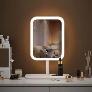 1pc LED Touch Makeup Mirror, 3 Color Lighting Modes, Adjustable Brightness, Portable Detachable Desk Makeup Mirror With USB Charging, Round Frame With Storage Tray, Easy Installation, Suitable For Travel, Vanity, Room Decor, Dorm, Holiday Beauty Gift