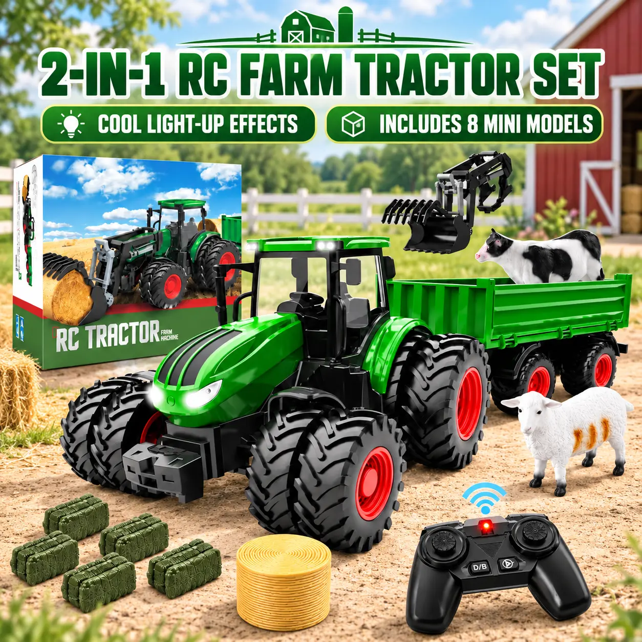 RC Farm Tractor Toy with Trailer, Remote Control Tractor Set, 2 USB Rechargeable Batteries, 6-Channel Easy & Flexible Control, One-Key Demo, LED Lights, 8 Farm Accessories, Farm Play Gift for Kids Ages 3-9