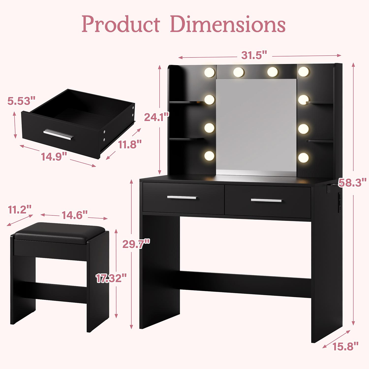 FURMAX Makeup Vanity Set with Lighted Mirror, Makeup Vanity with 2 Drawers, Vanity Desk with Chair for Bedroom & Dressing Room FURMAX Makeup Vanity Set with Lighted Mirror, Makeup Vanity with 2 Drawers, Vanity Desk with Chair for Bedroom & Dressing Room