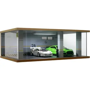 1:24 Scale Die-Cast Car Garage Display Case with Transparent Acrylic Cover and LED Lighting for 3 Parking Spaces (2A)